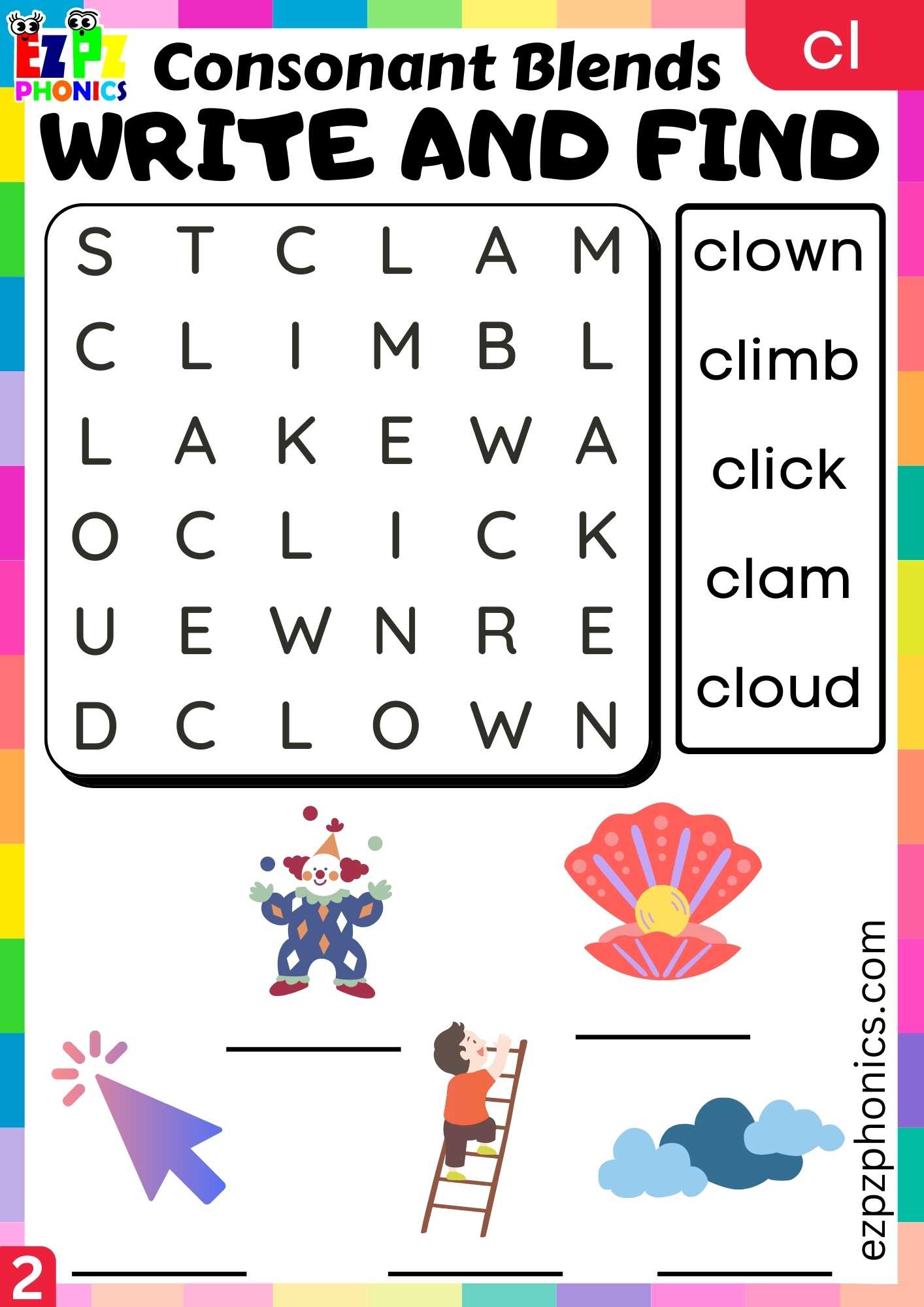 Group2 CL Words Write And Find Phonics Consonant Blends Worksheet